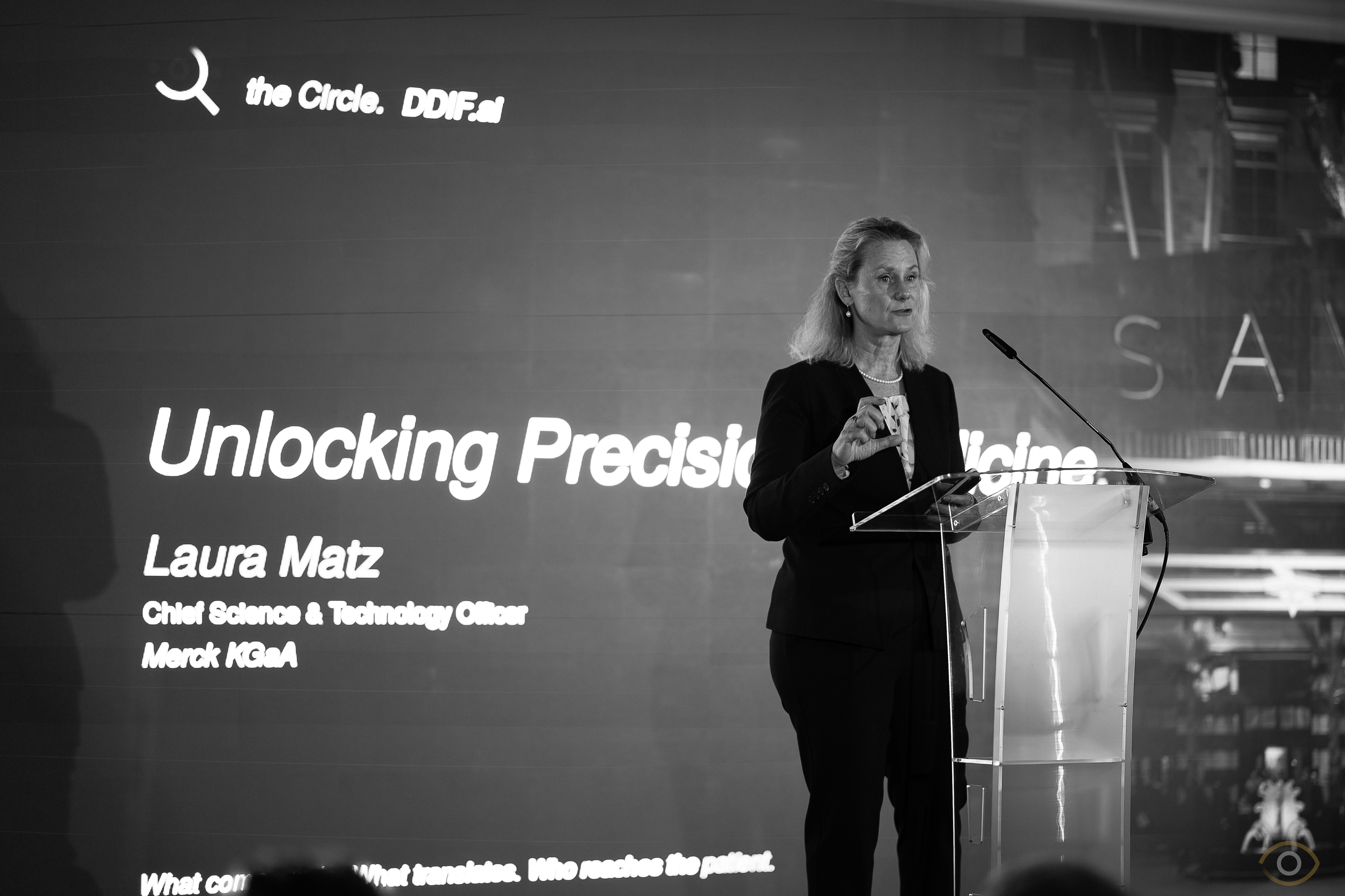 photo from the circle forum, Drug Discovery & Development Innovation Forum, in London in 2026, showing Laura Matz, Chief Science & Technology Officer at Merck KGaA, addressing delegates at DDIF 2026.